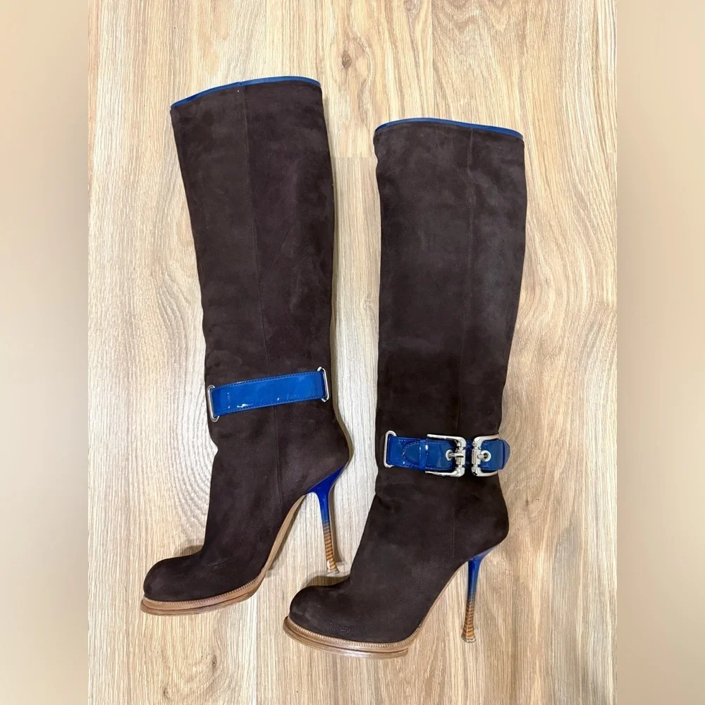Gianmarco Lorenzi Brown Suede Knee High Boots Blue Patent Heel Size 39